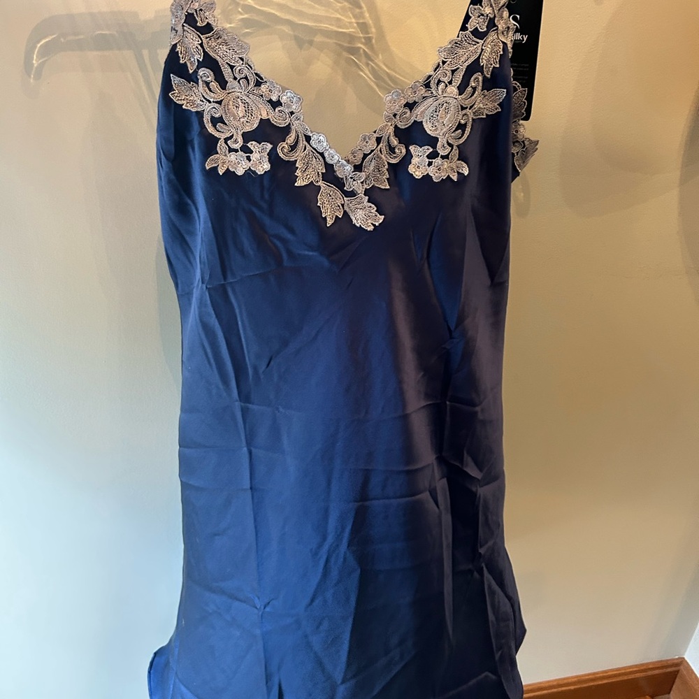 Navy Silk Silky Satin Chemise with Ivory Lace Trim - Women Intimates